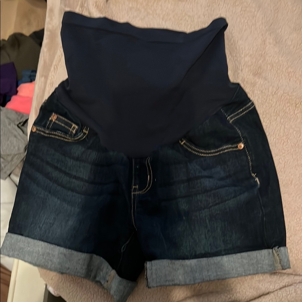 Blue Jean Shorts with Cuffed Hem and Maternity Panel